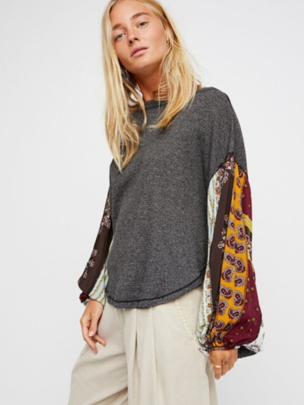 Free People We The Free Blossom Thermal Patchwork Balloon Sleeve Top